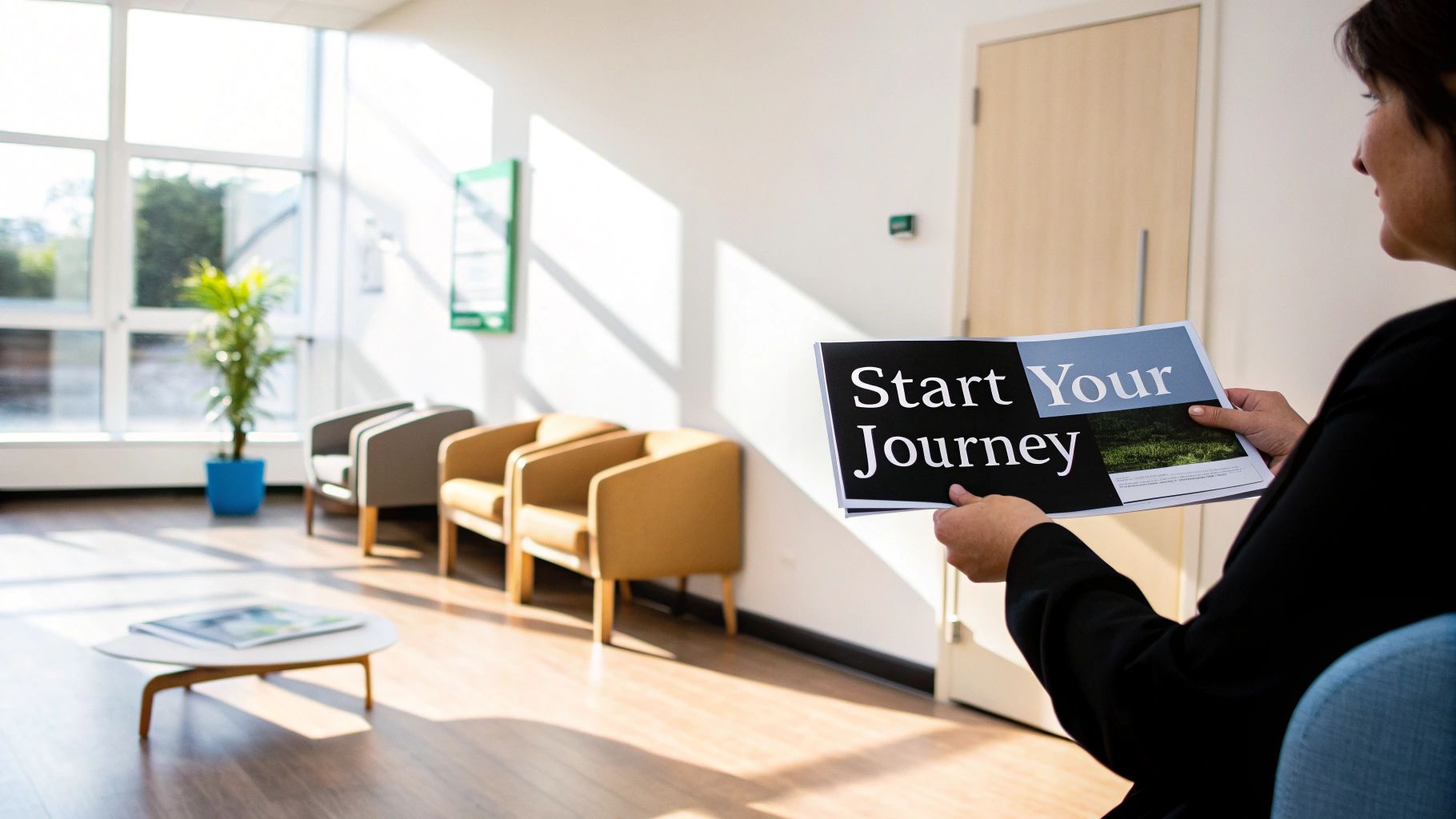A person sitting in a comfortable chair, looking thoughtful and calm in a welcoming, sunlit room, symbolizing the start of a mental health journey.