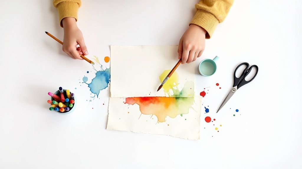 Top-down view of hands painting with watercolors, brushes, markers, and a cup of water on a white surface.