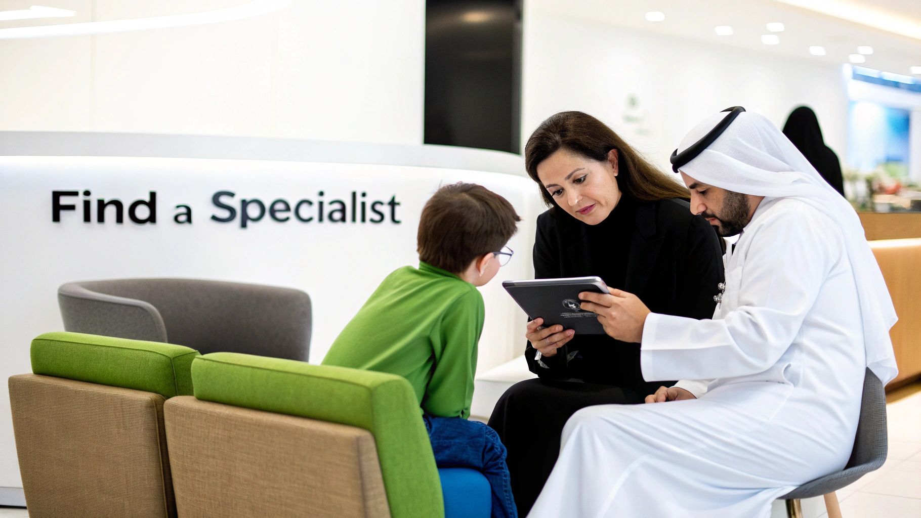 Family consulting with healthcare specialist using tablet in modern medical facility waiting area