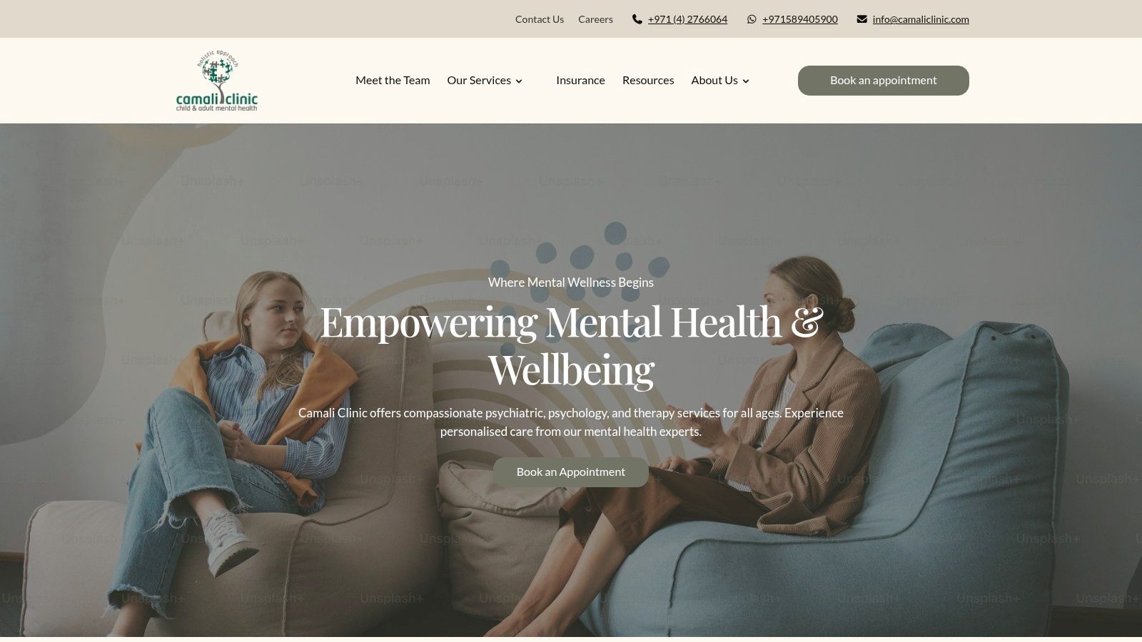 A screenshot of the Camali Clinic website's homepage, showing its focus on mental health and multidisciplinary care, relevant for finding a speech therapist in Dubai.