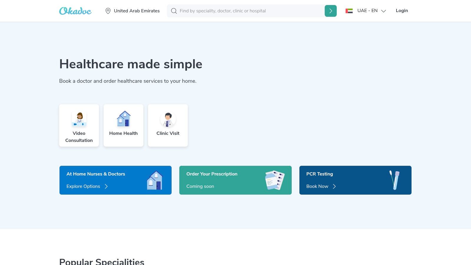 A screenshot of the Okadoc website interface showing healthcare services and appointment booking options, relevant to finding a speech therapist in Dubai.