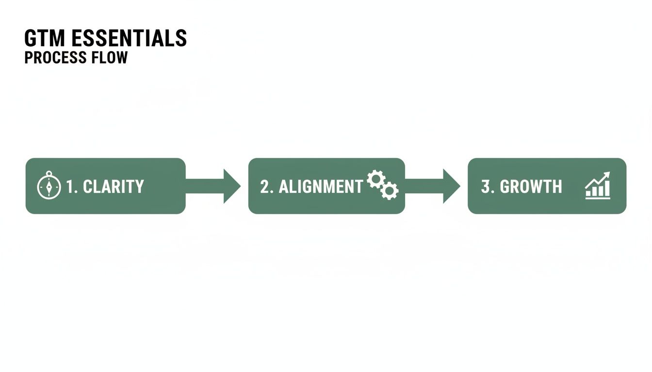 A GTM Essentials process flow diagram showing three steps: Clarity, Alignment, and Growth.
