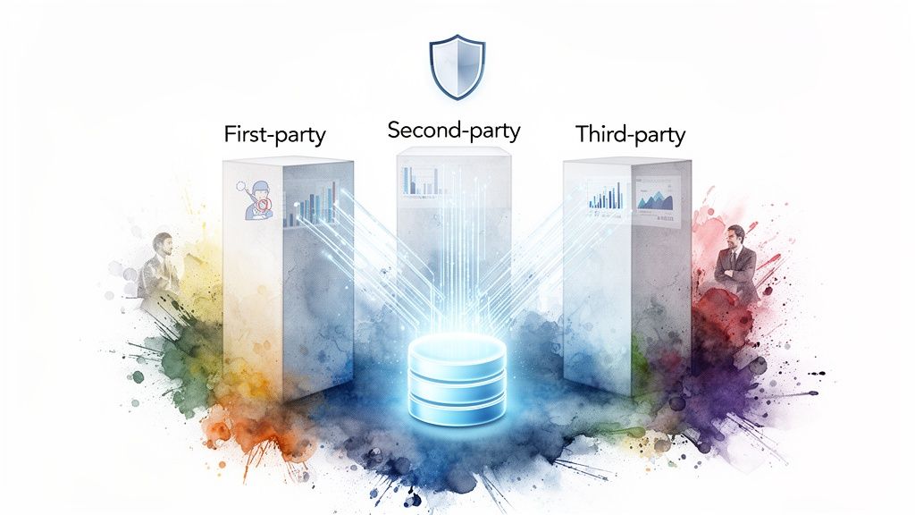 Illustration of first-party, second-party, and third-party data sources converging into a secure central database.