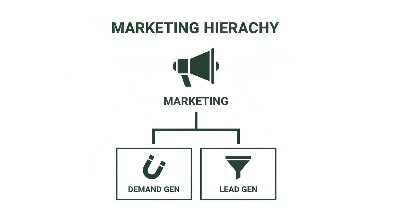 A diagram illustrating the marketing hierarchy, showing marketing branching into demand generation and lead generation.