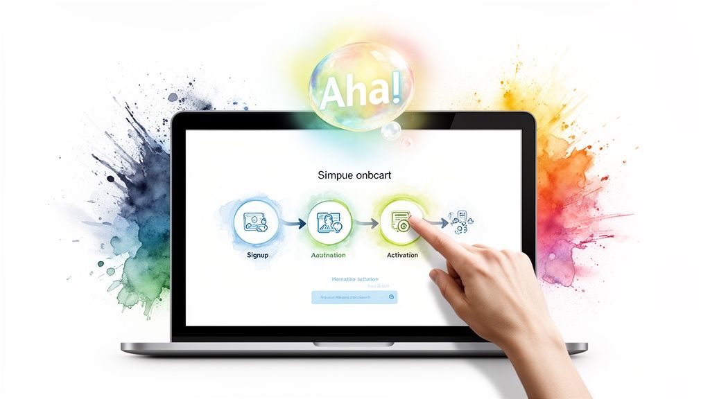 A hand interacts with a laptop screen showing a three-step process: Signup, Acquination, Activation. An 'Aha!' bubble appears above.
