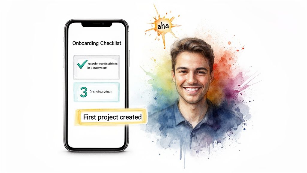Smartphone showing an onboarding checklist, highlighting 'First project created' next to a smiling man with an 'aha' moment.