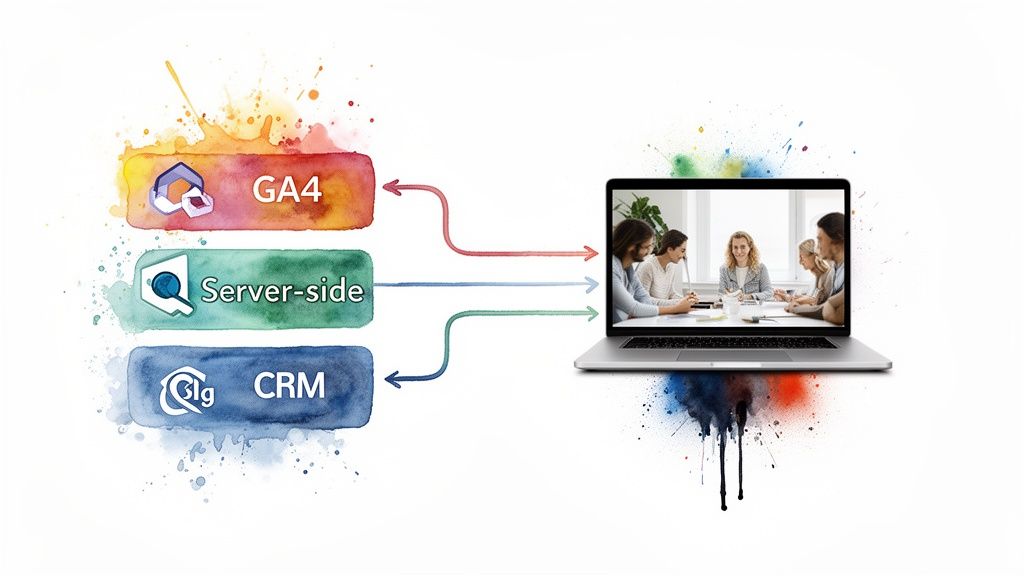 Watercolor diagram shows GA4, Server-side, and CRM data integrating with a laptop displaying a team meeting.