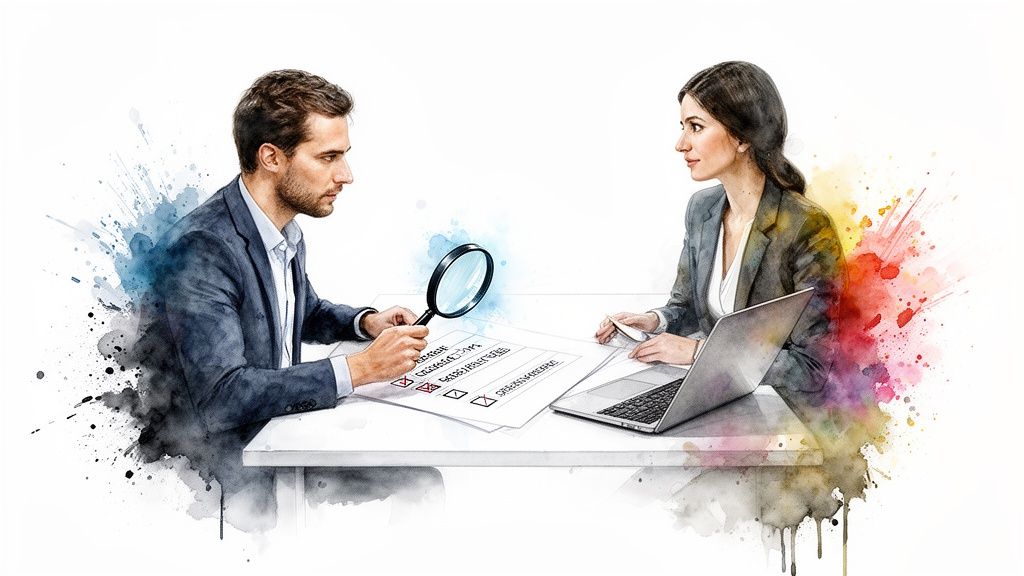 Two business professionals analyzing documents and a laptop with a magnifying glass in a watercolor style.