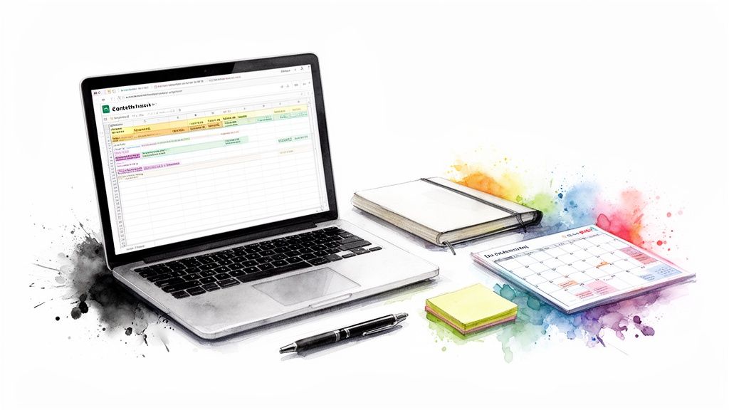 A creative workspace with a laptop showing a content calendar, notebook, pen, sticky notes, and a desk calendar.
