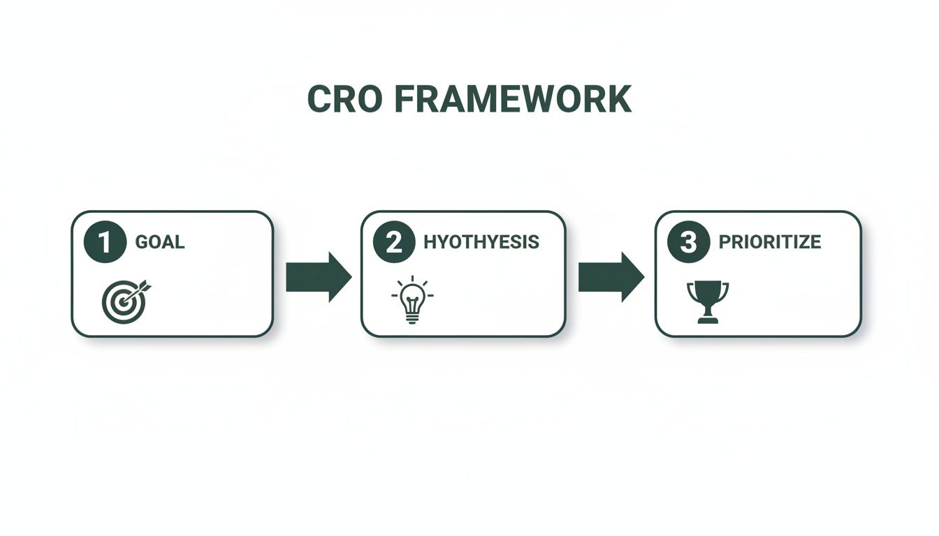 Visual framework for Conversion Rate Optimization (CRO) showing steps: Goal, Hypothesis, and Prioritize.