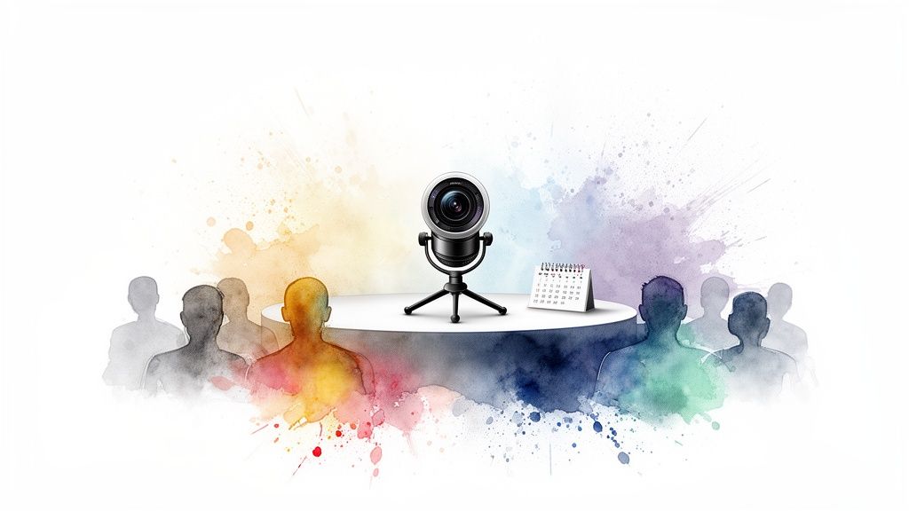 Vibrant watercolor artwork featuring a camera, calendar, and an audience, symbolizing a presentation or webinar.