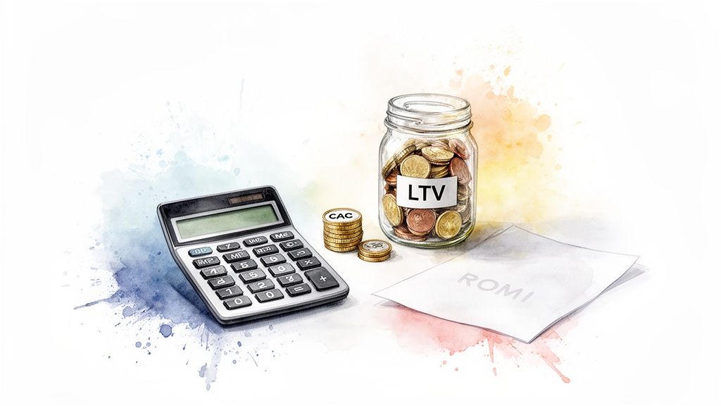 A calculator, coins representing CAC, a jar of coins for LTV, and a paper for ROMI, illustrating marketing metrics.