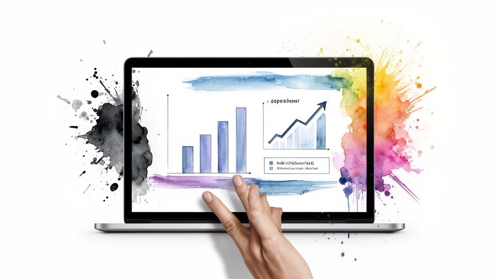 Hand interacts with a laptop screen displaying creative watercolor business growth charts and data.