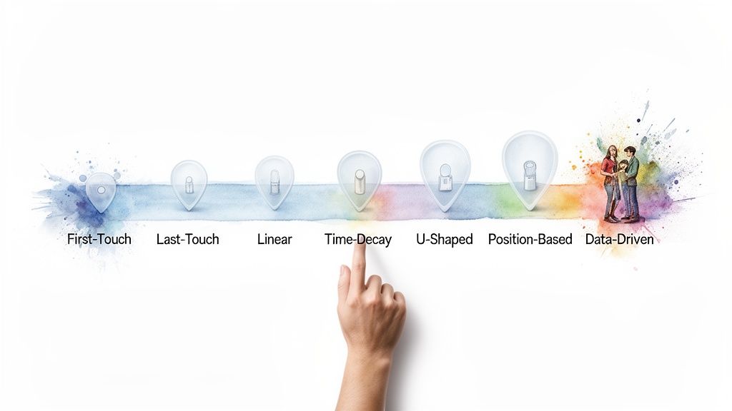 A spectrum of marketing attribution models displayed on a colorful timeline, including First-Touch, Time-Decay, and Data-Driven.