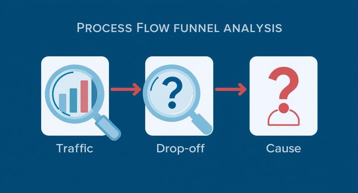 An infographic illustrating process flow funnel analysis with steps for traffic, drop-off, and cause investigation.