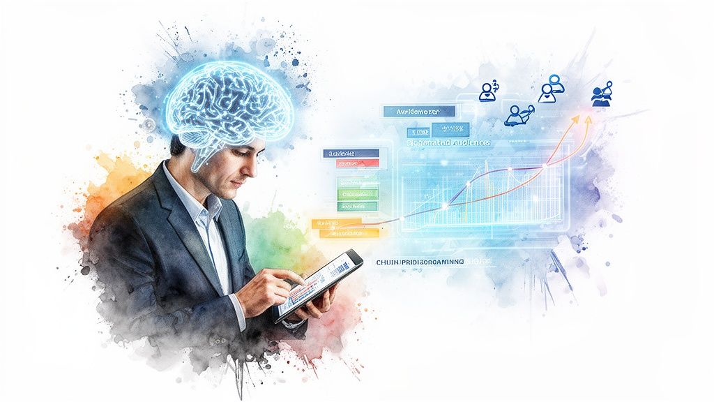 Man with glowing brain uses tablet to analyze data visualizations and audience metrics.