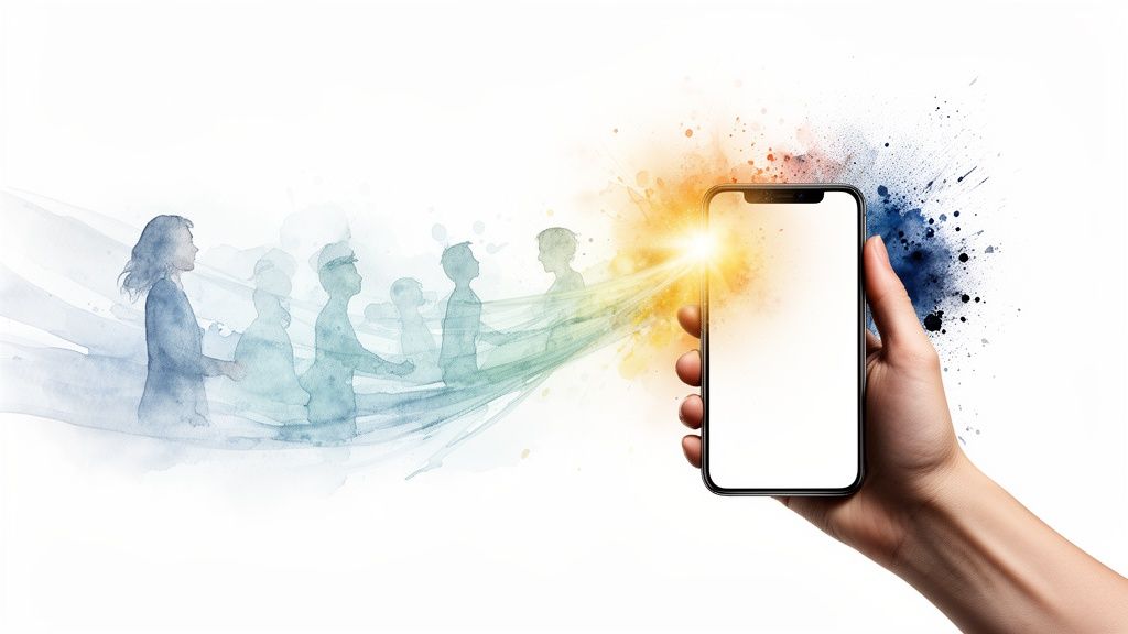 A hand holds a glowing smartphone connecting to a flowing line of watercolor human figures.