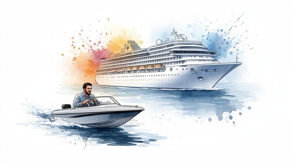 Watercolor illustration of a man driving a speedboat with a large cruise ship in the background.