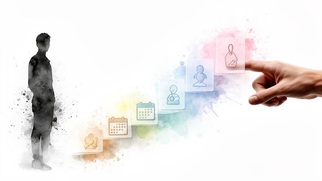 A watercolour silhouette observes a hand selecting a price tag icon within a colourful step-by-step customer journey.