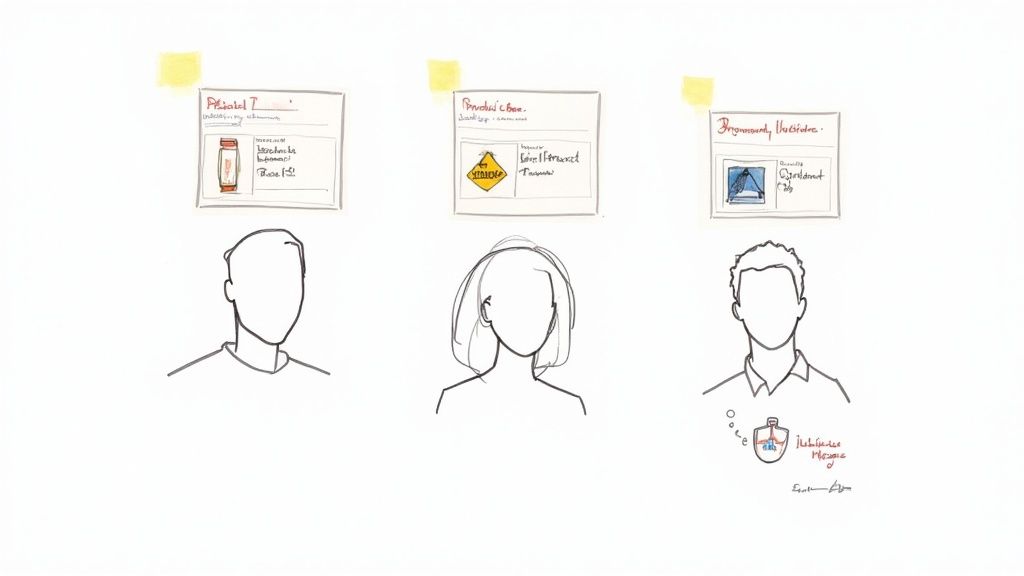 Three illustrated user personas, each with a sticky note showing product ideas and conceptual sketches.