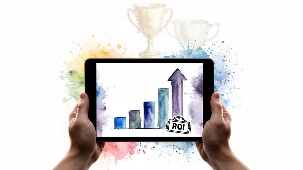 Hands holding a tablet displaying an upward trending bar chart and an ROI stamp with trophies. GTM Strategy