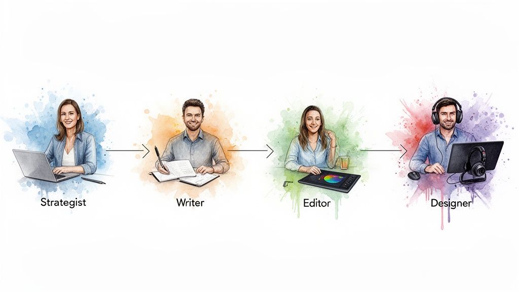 A visual workflow showing four stages of content creation: strategist, writer, editor, and designer.