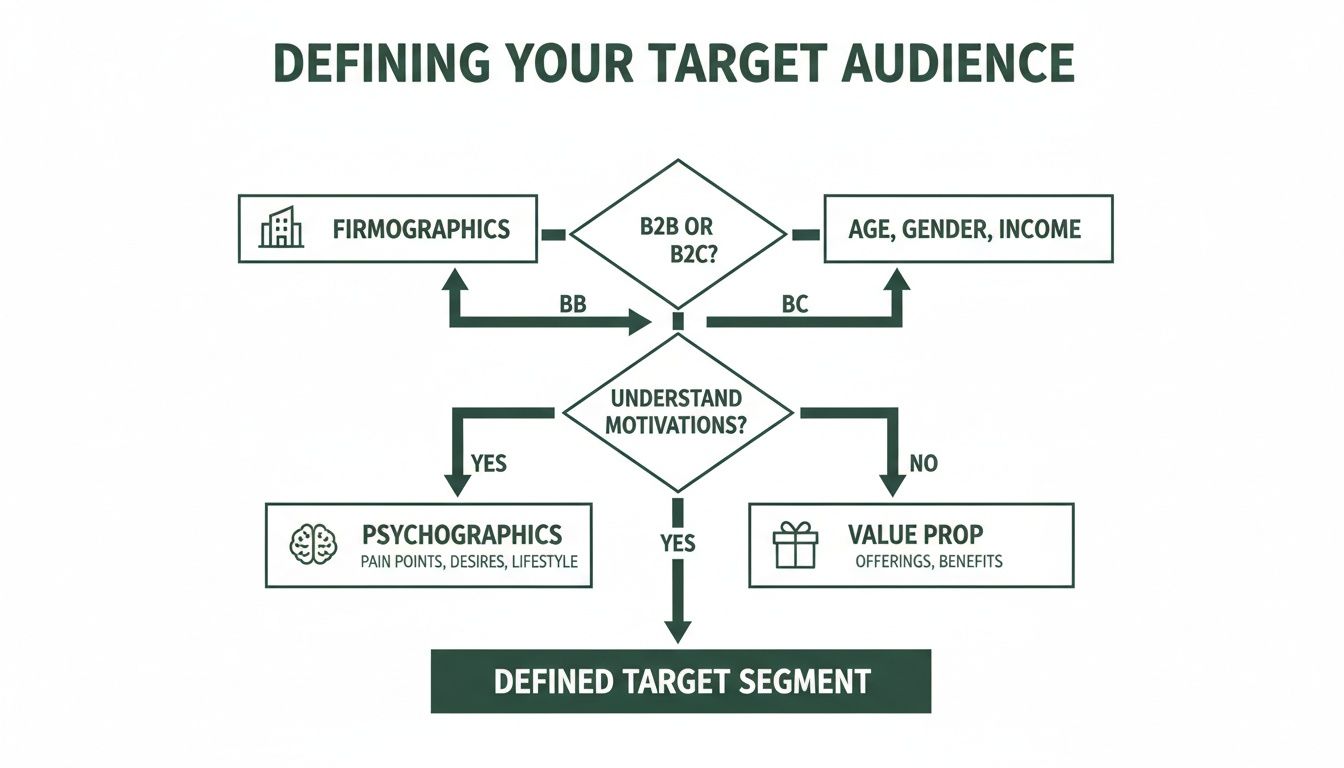 A flowchart illustrates the process of defining a target audience, considering B2B/B2C, firmographics, demographics, and psychographics.
