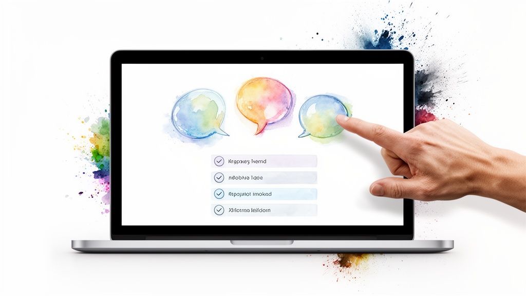 A hand points at a laptop screen showing colorful watercolor speech bubbles and checkmark options, surrounded by paint splatters.
