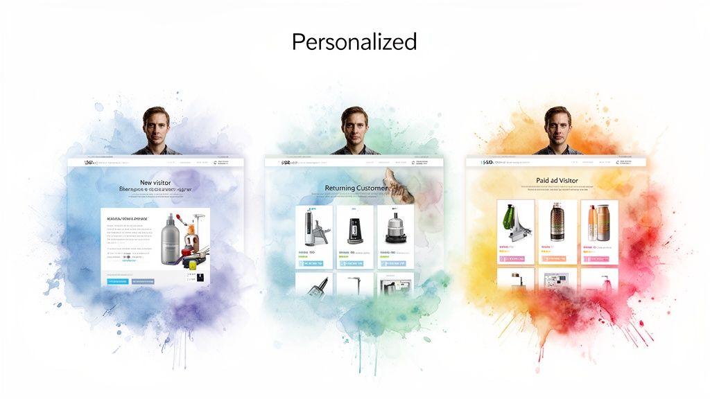 Three personalized website views for new, returning, and paid ad visitors, showing tailored product recommendations.