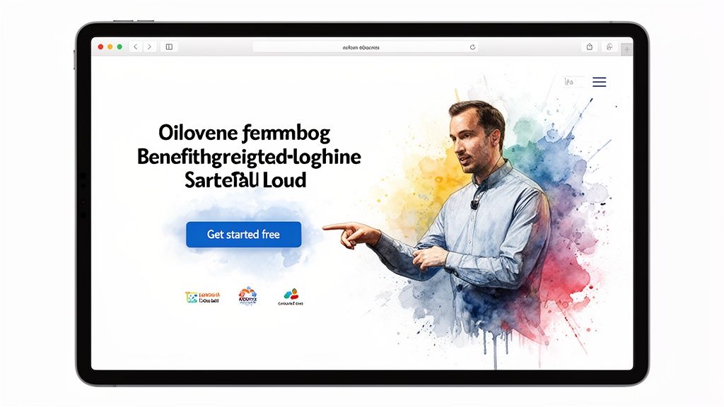 A tablet displays a website with a man pointing to a 'Get started free' button, over a colorful watercolor background.
