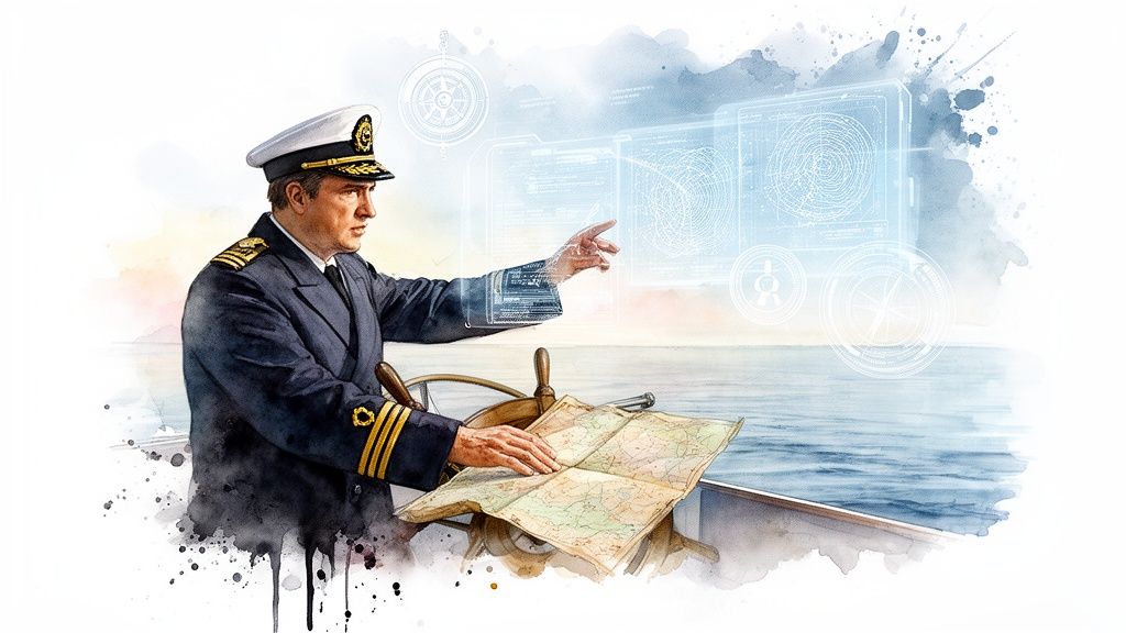 A ship captain in uniform navigates with digital holographic displays and a physical map.