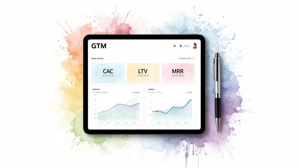 A tablet displays a GTM dashboard with CAC, LTV, MRR metrics, and performance graphs on a watercolor background.
