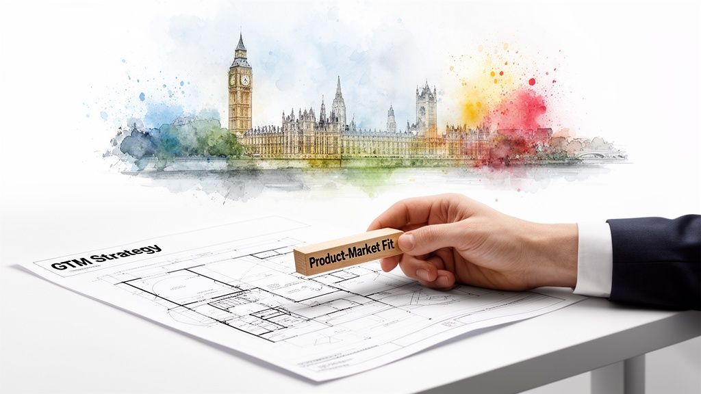 A hand holds a "Product-Market Fit" block over a "GTM Strategy" blueprint with London skyline.