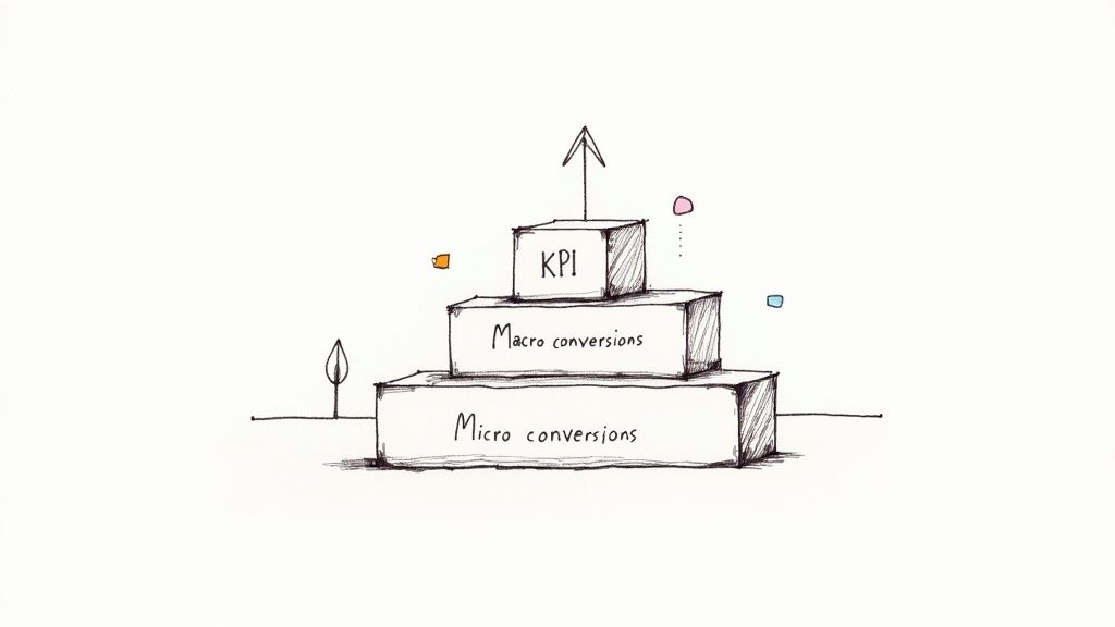 Stacked blocks illustrating a conversion hierarchy: micro, macro, and KPI, with an upward arrow.