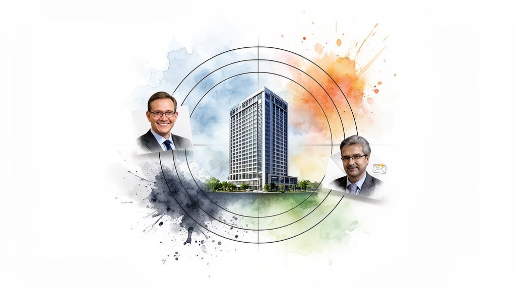 Two professionals targeting a modern corporate building with watercolor elements, symbolizing business strategy.