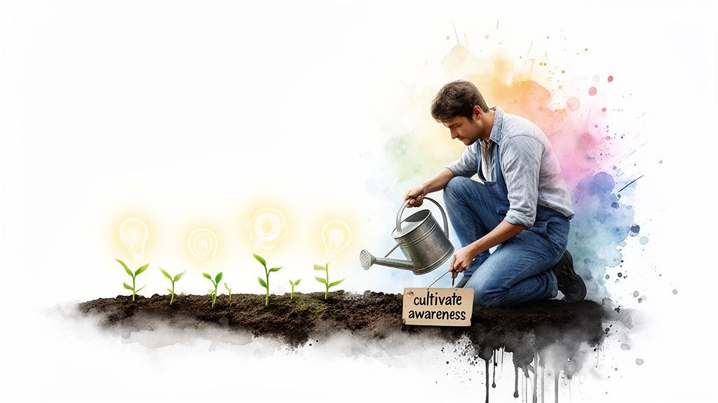 A man waters plants with glowing lightbulbs above, next to a sign that says "cultivate awareness".