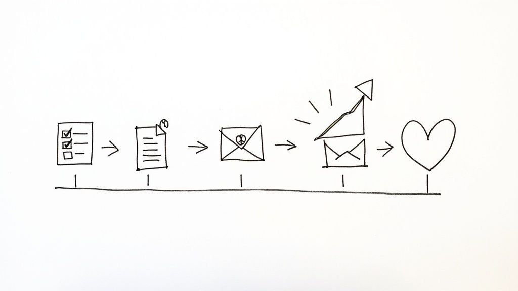 Hand-drawn timeline illustrating a customer journey from a checklist to email engagement, growth, and loyalty.