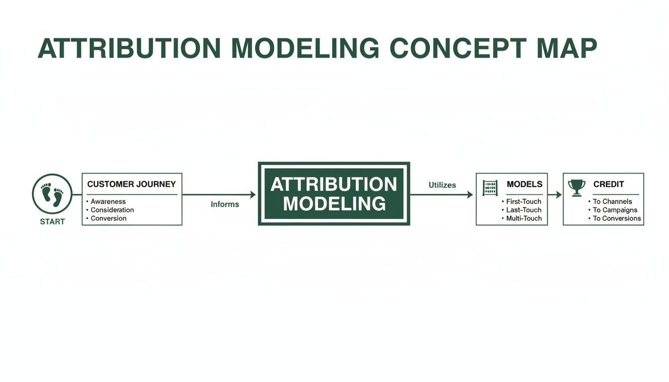 A concept map illustrating the attribution modeling process from customer journey stages to credit allocation.