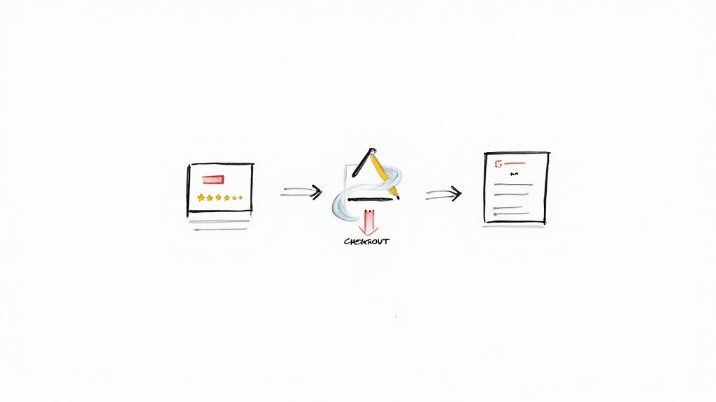 Hand-drawn diagram illustrating an e-commerce conversion funnel from product review to order completion.