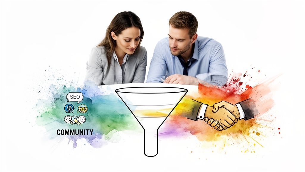 Team reviews a marketing and sales funnel, including SEO, community, and business deals.