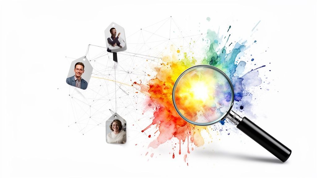 A network of people connected by lines, with a magnifying glass over a colorful paint splash.