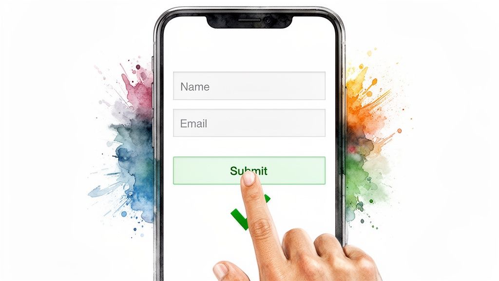 Mobile phone showing a form with Name, Email fields, and a finger tapping the green Submit button successfully.