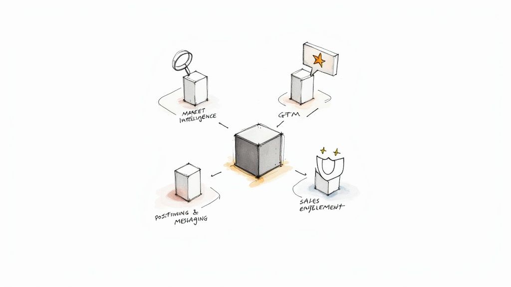 Diagram showing a central cube connected to product marketing elements: Market Intelligence, GTM, Positioning & Messaging, and Sales Entitlement.