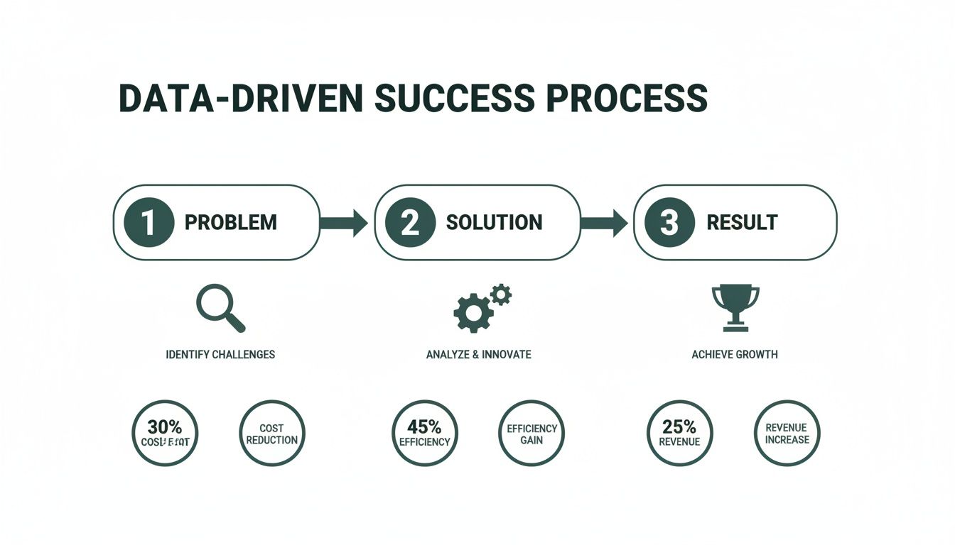 An infographic detailing a data-driven success process, outlining problems, solutions, and results with key metrics.