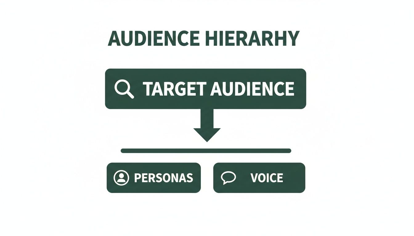 A diagram illustrating audience hierarchy, showing target audience leading to personas and voice.