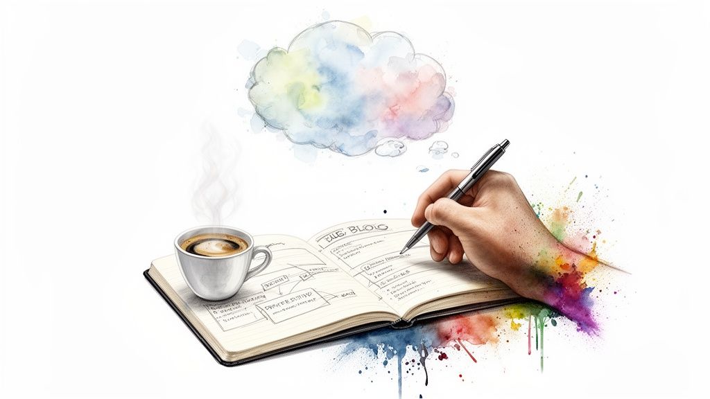 Hand writing 'BLOG' ideas in a notebook with a steaming coffee cup and colorful thought bubble.