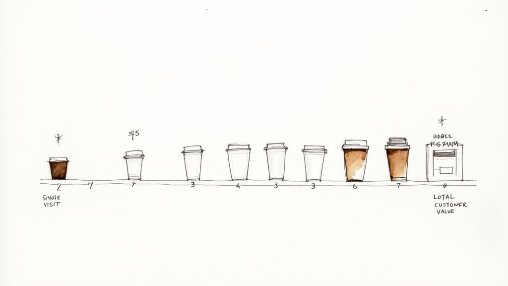 Hand-drawn illustration showing a linear progression of coffee cups symbolizing increasing customer value from single visit to total.