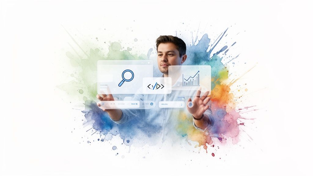 Man interacting with holographic interfaces displaying search, coding, and data analytics on a colorful background.