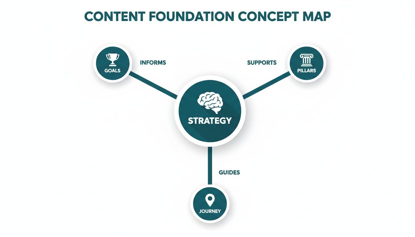 Content Foundation Concept Map illustrating Strategy informs Goals, supports Pillars, and guides Journey.