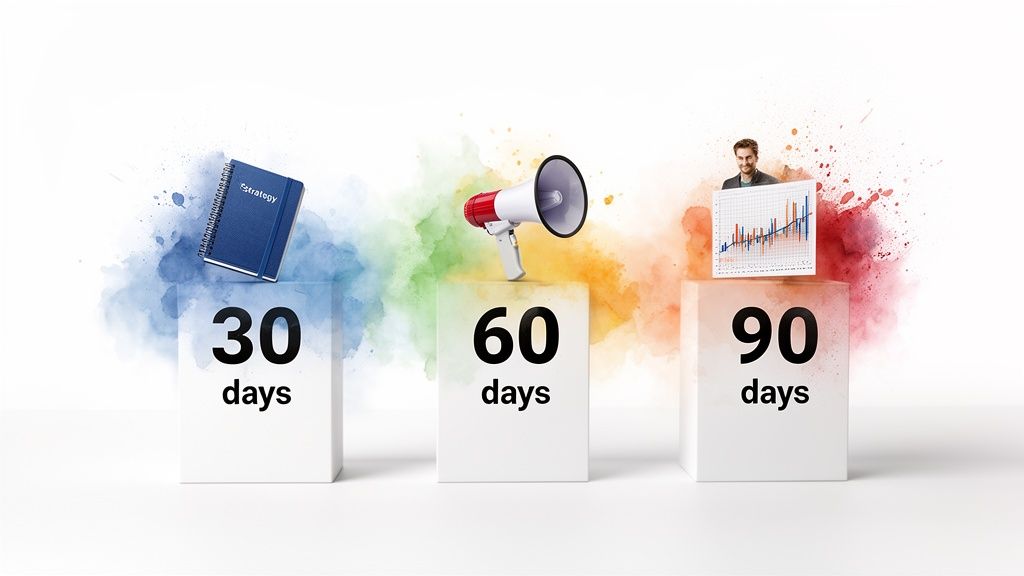 Marketing strategy timeline: 30 days strategy, 60 days communication, 90 days growth and results.